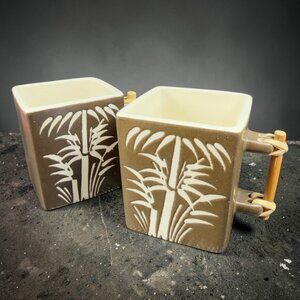 Global Home Vietnam Zazen Stoneware Bamboo Pattern Cups Mugs Set 2 Ceramic‎ VTG